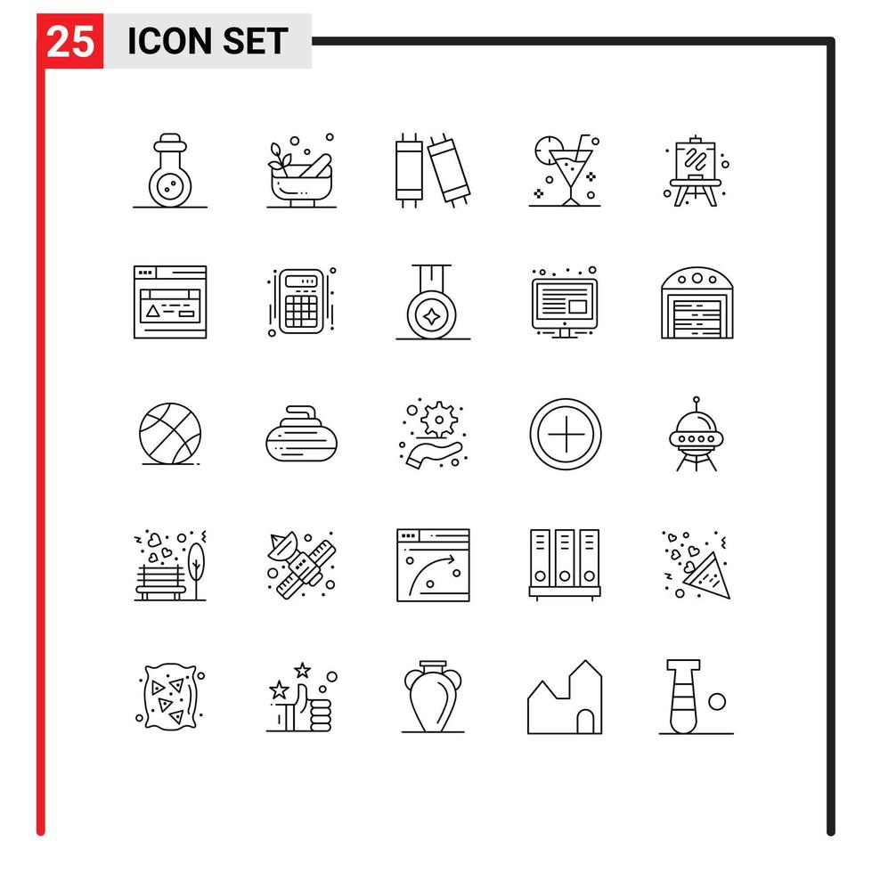 grupo de símbolos de ícone universal de 25 linhas modernas de passatempo cavalete lâmpada coquetel de vidro editável elementos de design vetorial vetor