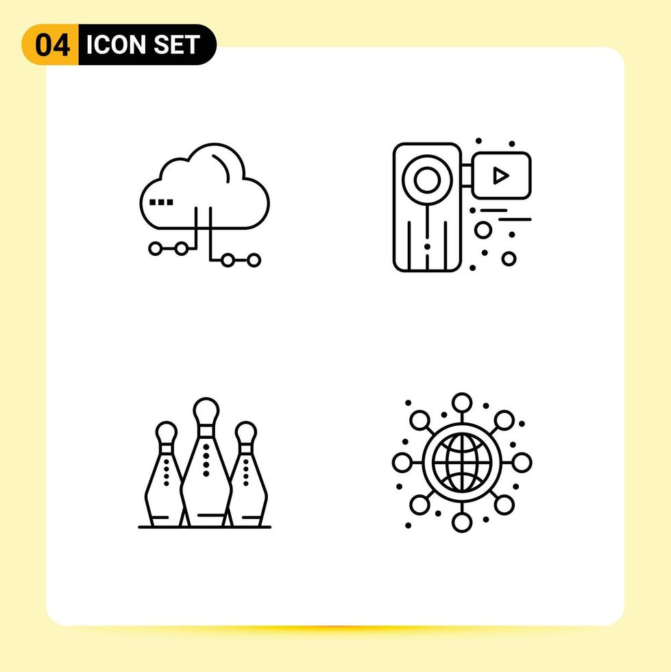 conjunto de pictogramas de 4 cores planas de linha preenchida simples de elementos de design de vetores editáveis de vídeo em rede de boliche em nuvem