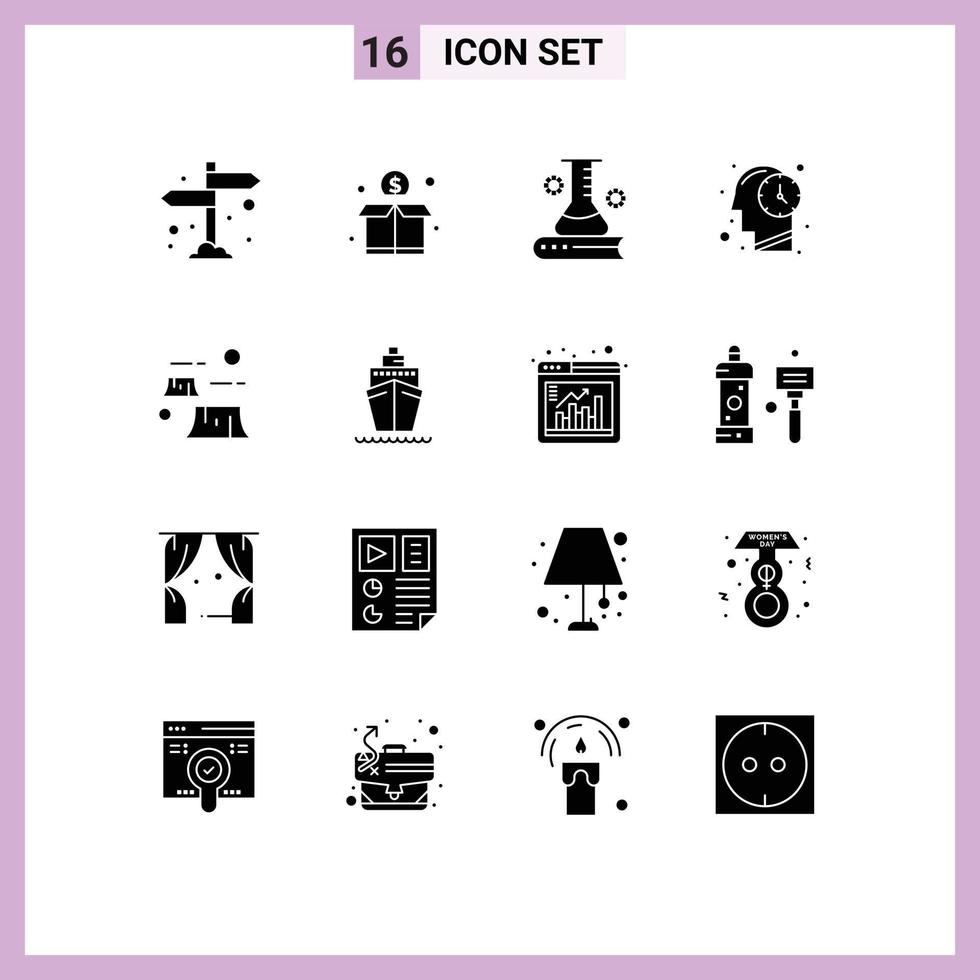 conjunto de 16 sinais de símbolos de ícones de interface do usuário modernos para danos tempo ciência e educação mente elementos de design de vetores editáveis científicos