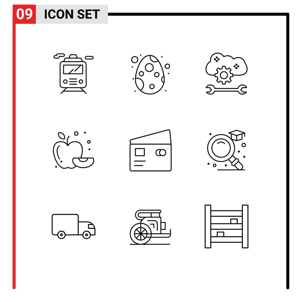 conjunto de esboço de interface móvel de 9 pictogramas de preferências globais de nuvem de crédito frutas maçã elementos de design vetorial editáveis vetor