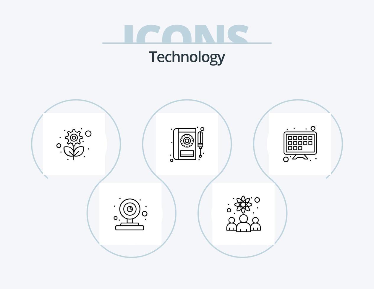 ícone de linha de tecnologia pack 5 design de ícone. Cartão Multibanco. câmera drone. videogame. Câmera. cientistas vetor