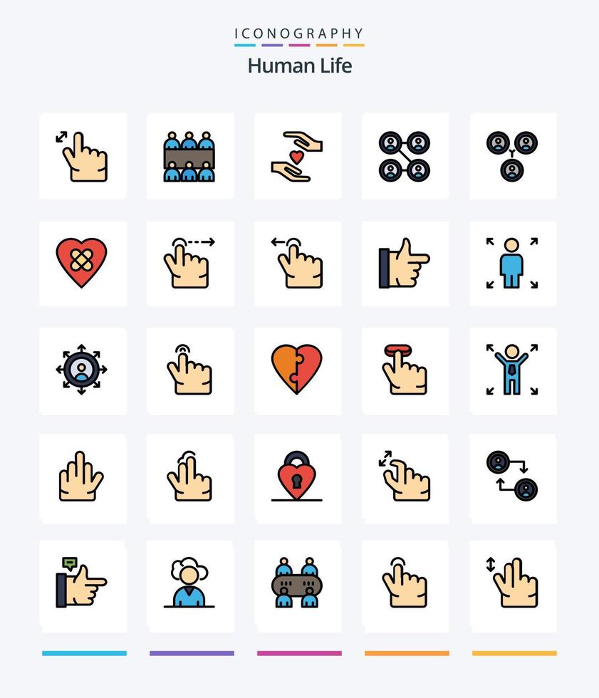 pacote de ícones cheios de 25 linhas humanas criativas, como furto. dedo. amor. correção. curar vetor