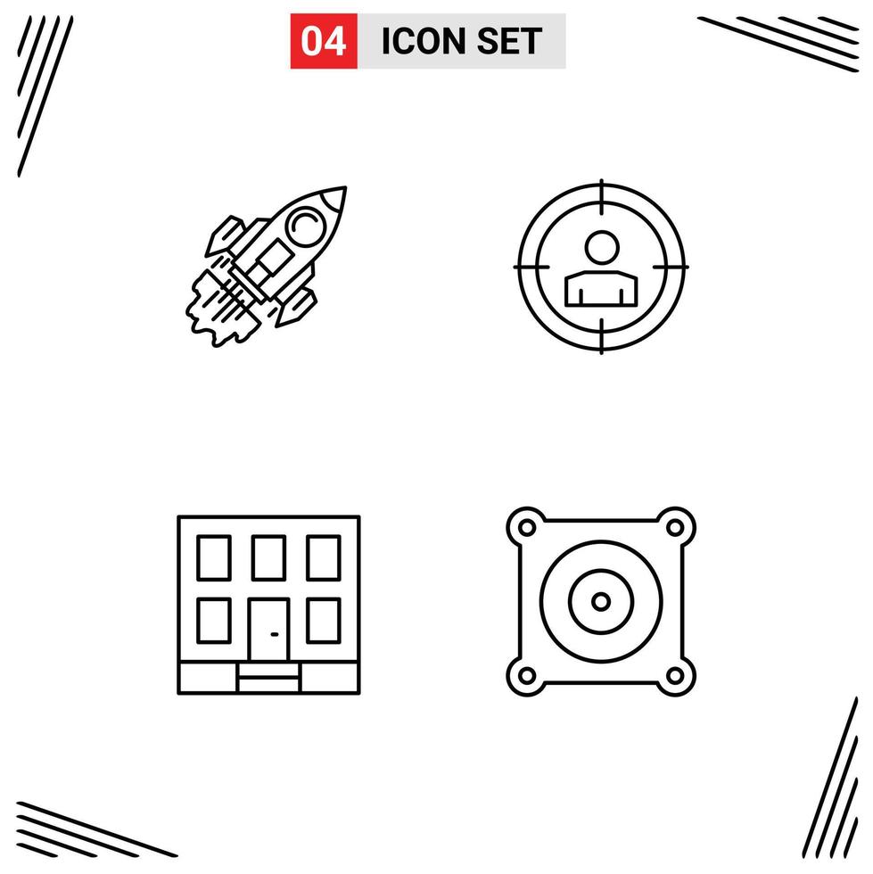 conjunto de 4 sinais de símbolos de ícones de interface do usuário modernos para construção de inicialização, lançamento de casa de foco, elementos de design de vetores editáveis