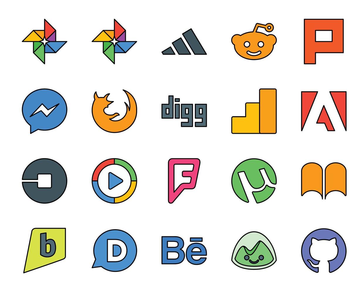 Pacote de 20 ícones de mídia social, incluindo ibooks foursquare google analytics driver de vídeo vetor