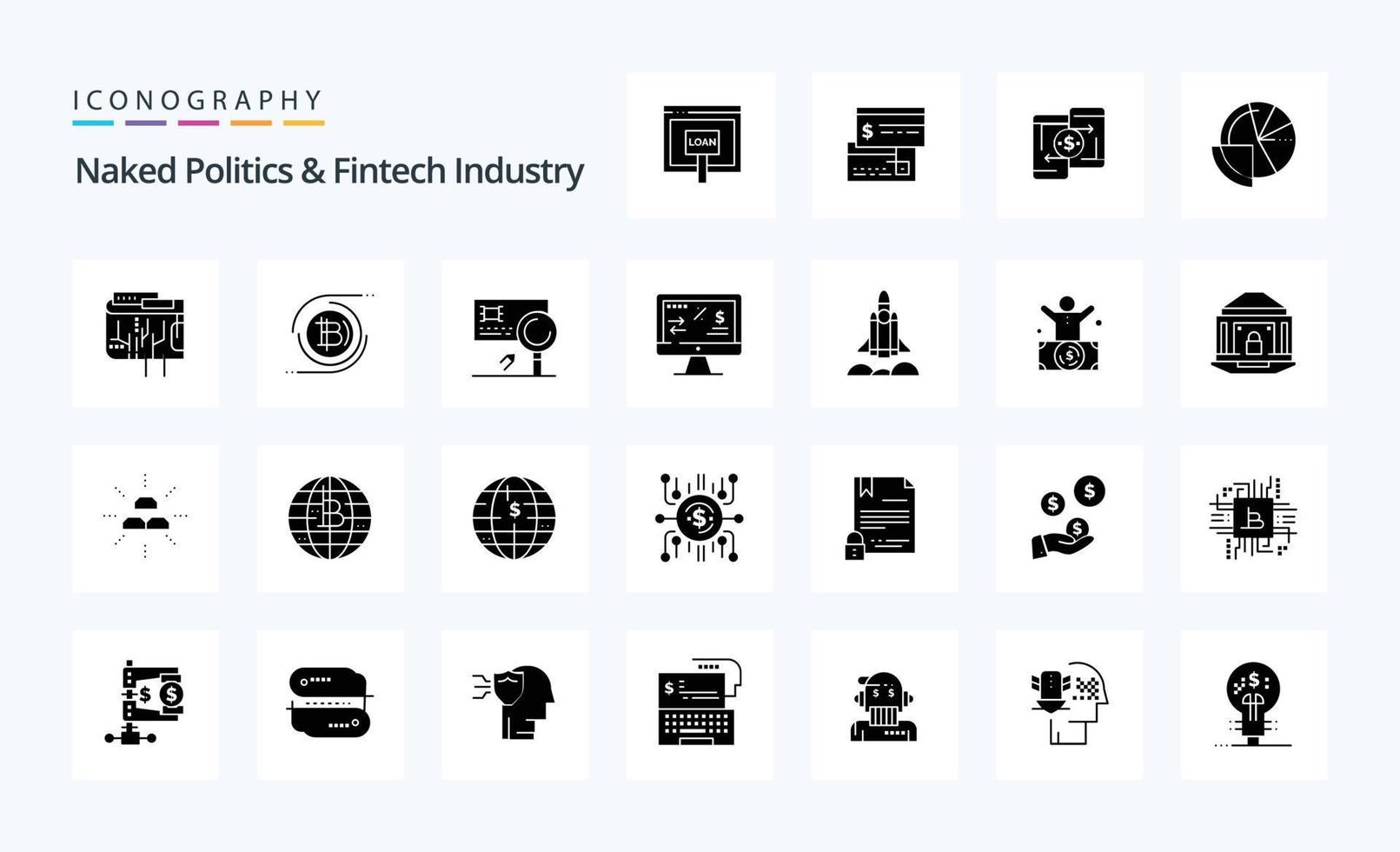 25 políticas nuas e pacote de ícones de glifos sólidos da indústria fintech vetor