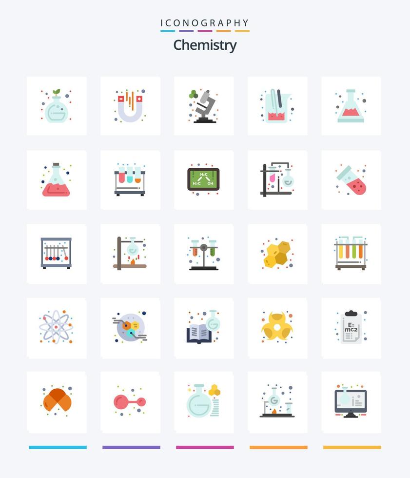 química criativa 25 pacote de ícones planos, como química. ácido. microscópio. laboratório. Ciência vetor