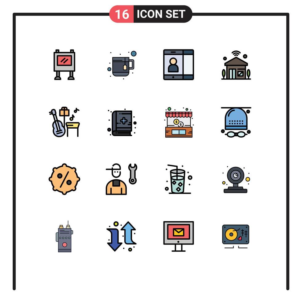 16 interface do usuário pacote de linhas preenchidas com cores planas de sinais e símbolos modernos de celular de guitarra de música wi-fi internet das coisas elementos de design de vetores criativos editáveis