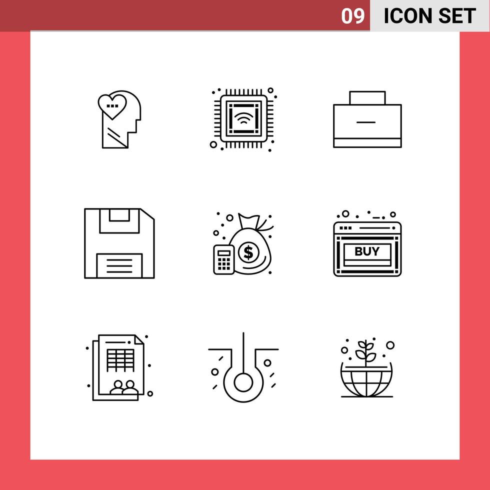 conjunto de esboço de interface móvel de 9 pictogramas de bolsa de contabilidade gerencial salvar disquete elementos de design de vetores editáveis