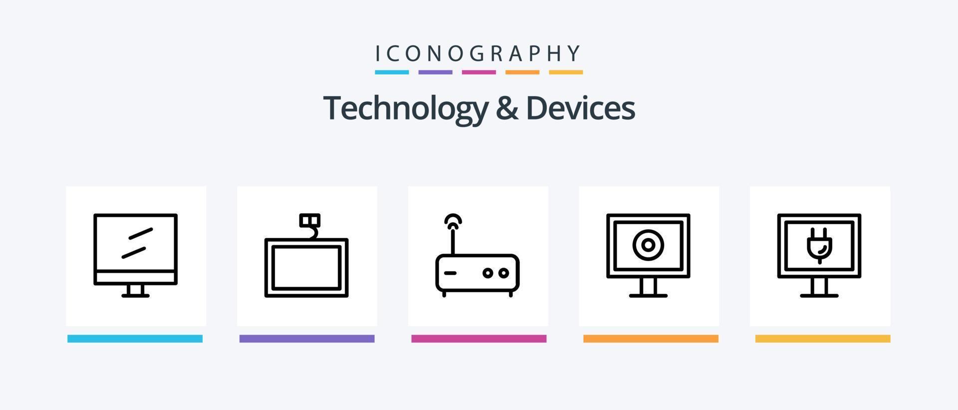 Dispositivos linha 5 pacote de ícones incluindo hardware. dispositivos. gadget. computadores. mostrar. design de ícones criativos vetor