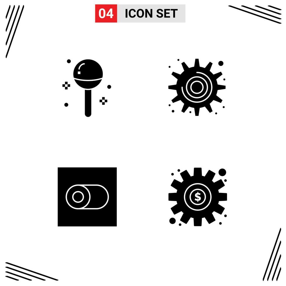 pacote de interface do usuário de 4 glifos sólidos básicos de controle de cozimento engrenagem pirulito alternar elementos de design de vetores editáveis