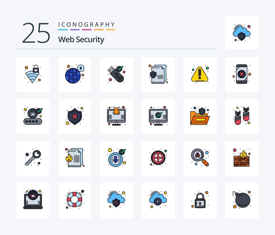 pacote de ícones cheios de 25 linhas de segurança na web, incluindo erro. texto. segurança. segurança. USB vetor