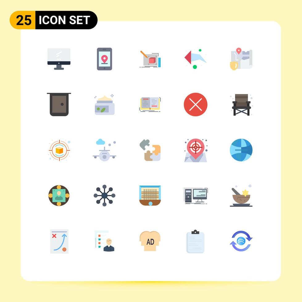 pacote de 25 sinais e símbolos modernos de cores planas para mídia impressa na web, como direção do mapa, desenho a lápis esquerdo, elementos de design vetorial editáveis vetor