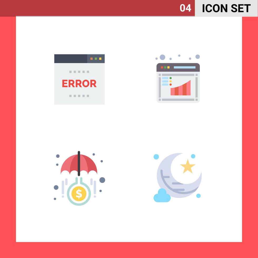 4 ícones planos universais definidos para a página de fundos de erro de aplicativos móveis e da web investem em elementos de design de vetores editáveis