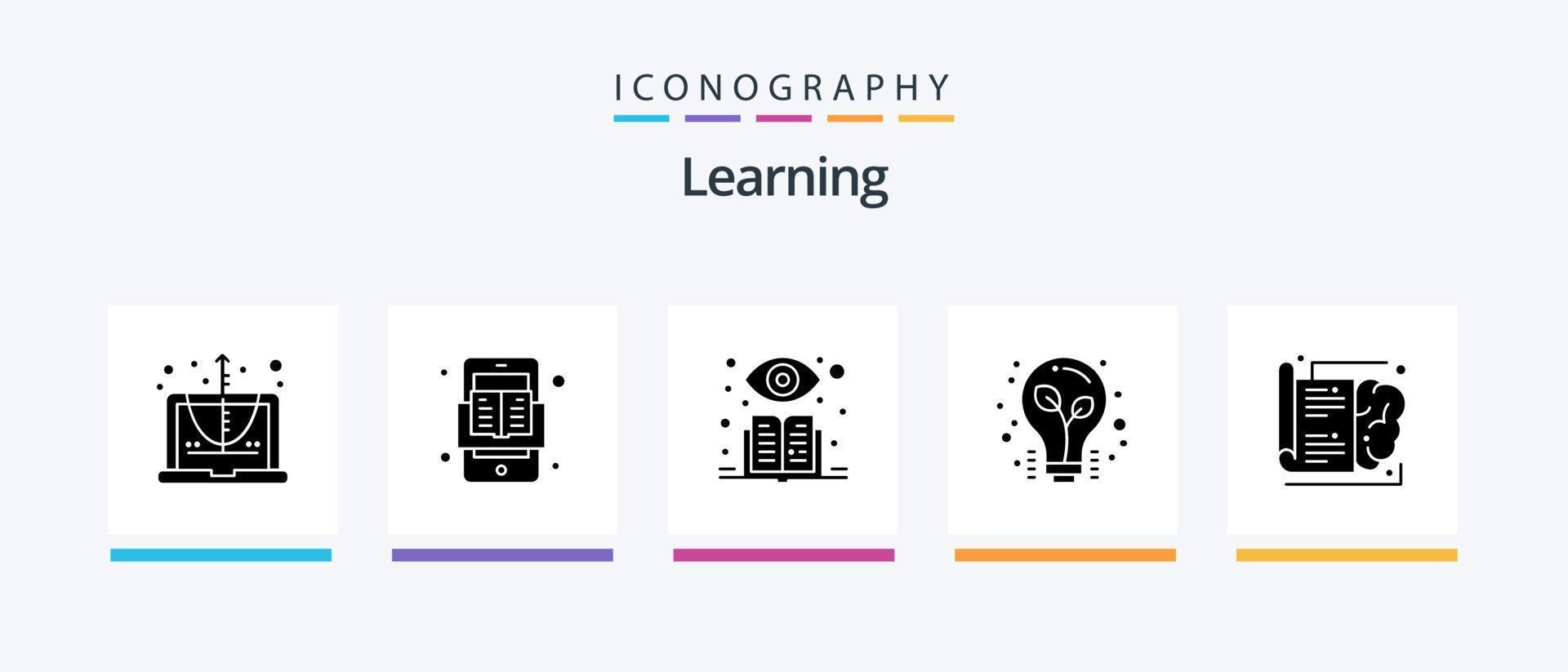 aprendendo o pacote de ícones do glifo 5, incluindo conhecimento. livro. aprendizado. pontas. luz. design de ícones criativos vetor