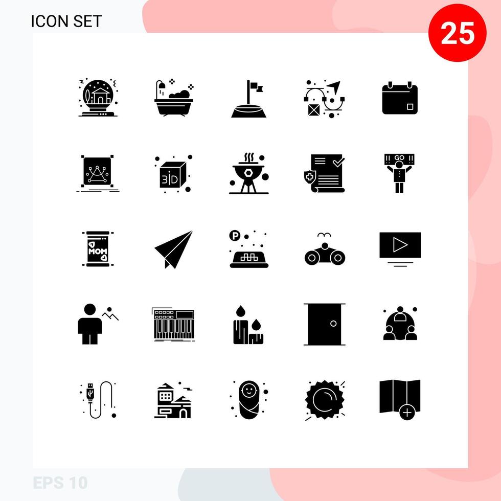 conjunto de glifos sólidos de interface móvel de 25 pictogramas de design de canto de cinema de calendário criativo elementos de design de vetores editáveis