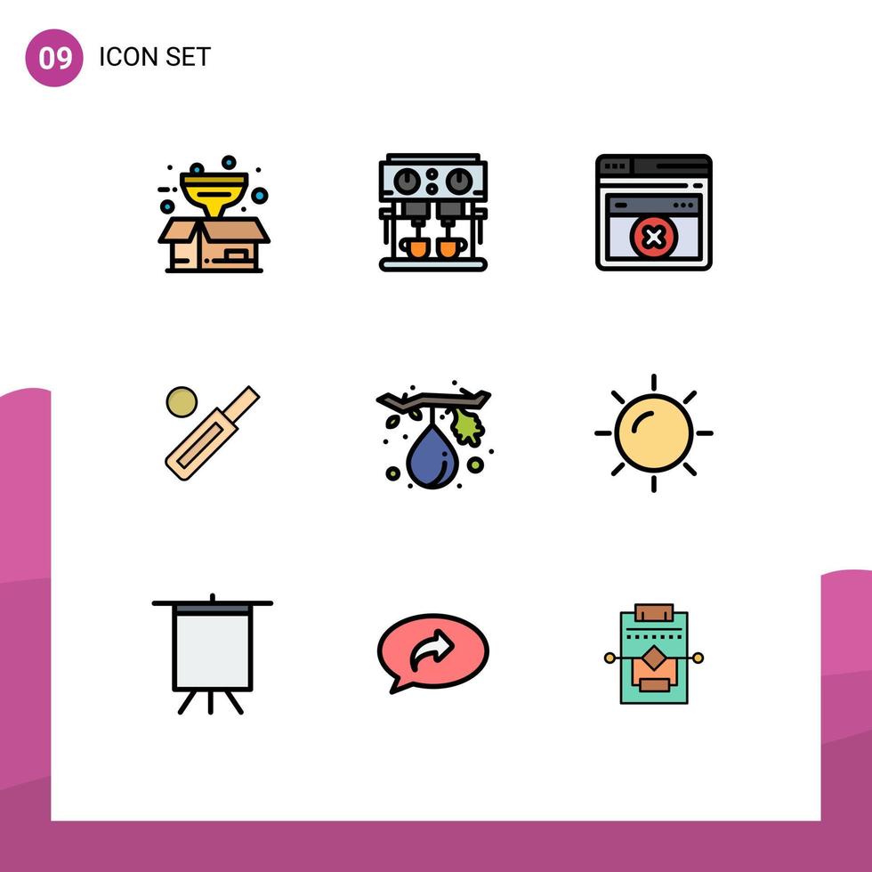 pacote de interface do usuário de 9 cores planas básicas de linhas preenchidas de elementos de design de vetores editáveis de bola de críquete de página da web de esportes de comida
