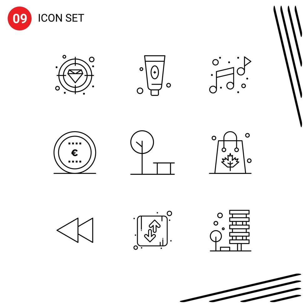 conjunto de 9 pacotes de esboços comerciais para elementos de design de vetores editáveis de moeda de escritório de música de park city