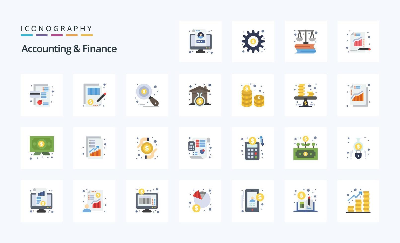 25 pacotes de ícones de cores planas de contabilidade e finanças vetor