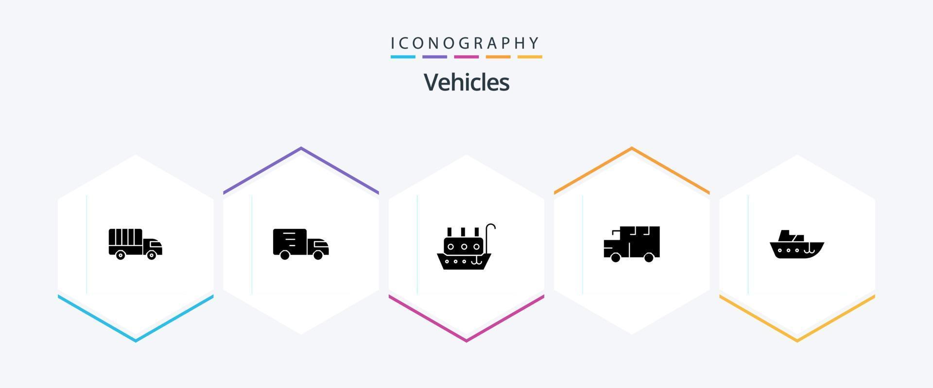 Pacote de ícones de 25 glifos de veículos, incluindo . iate. ônibus. navio. barco vetor