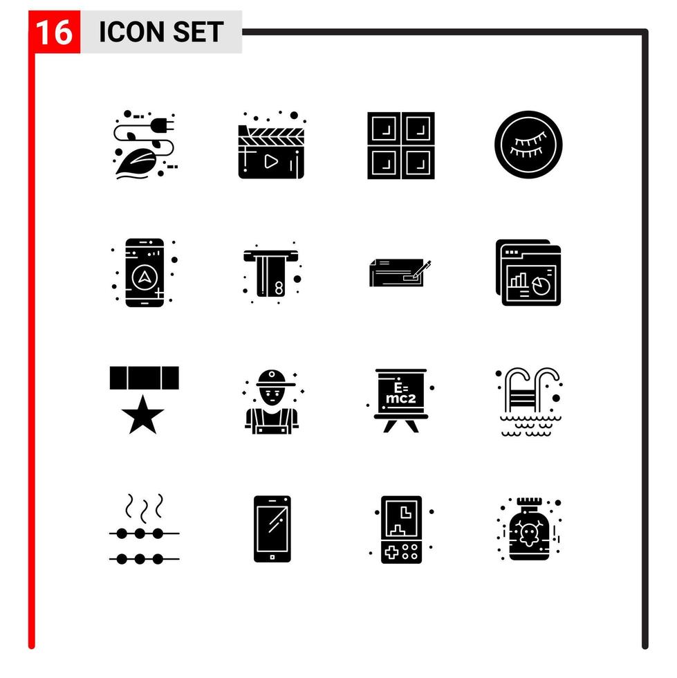 conjunto de 16 sinais de símbolos de ícones de interface do usuário modernos para atm map video gps eye elementos de design de vetores editáveis