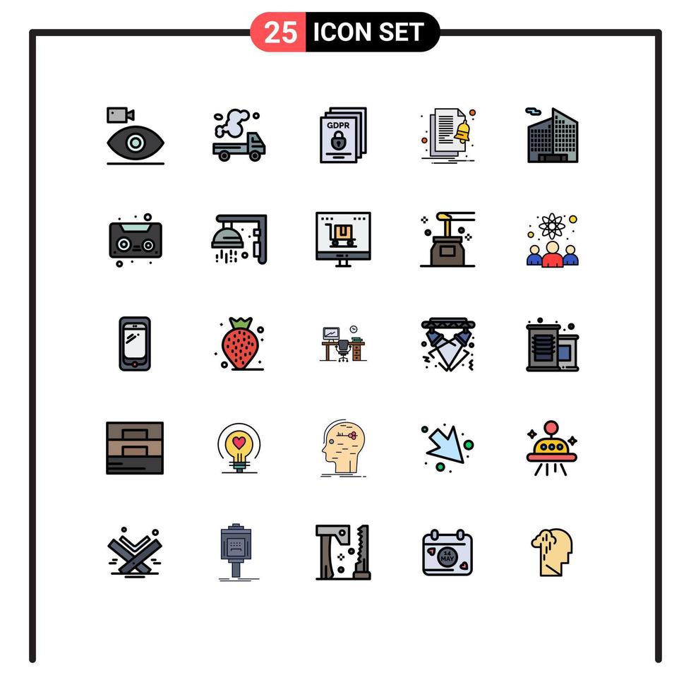 pacote de cores planas de linha preenchida de 25 símbolos universais de alerta de notificação gás cadeado seguro elementos de design de vetores editáveis