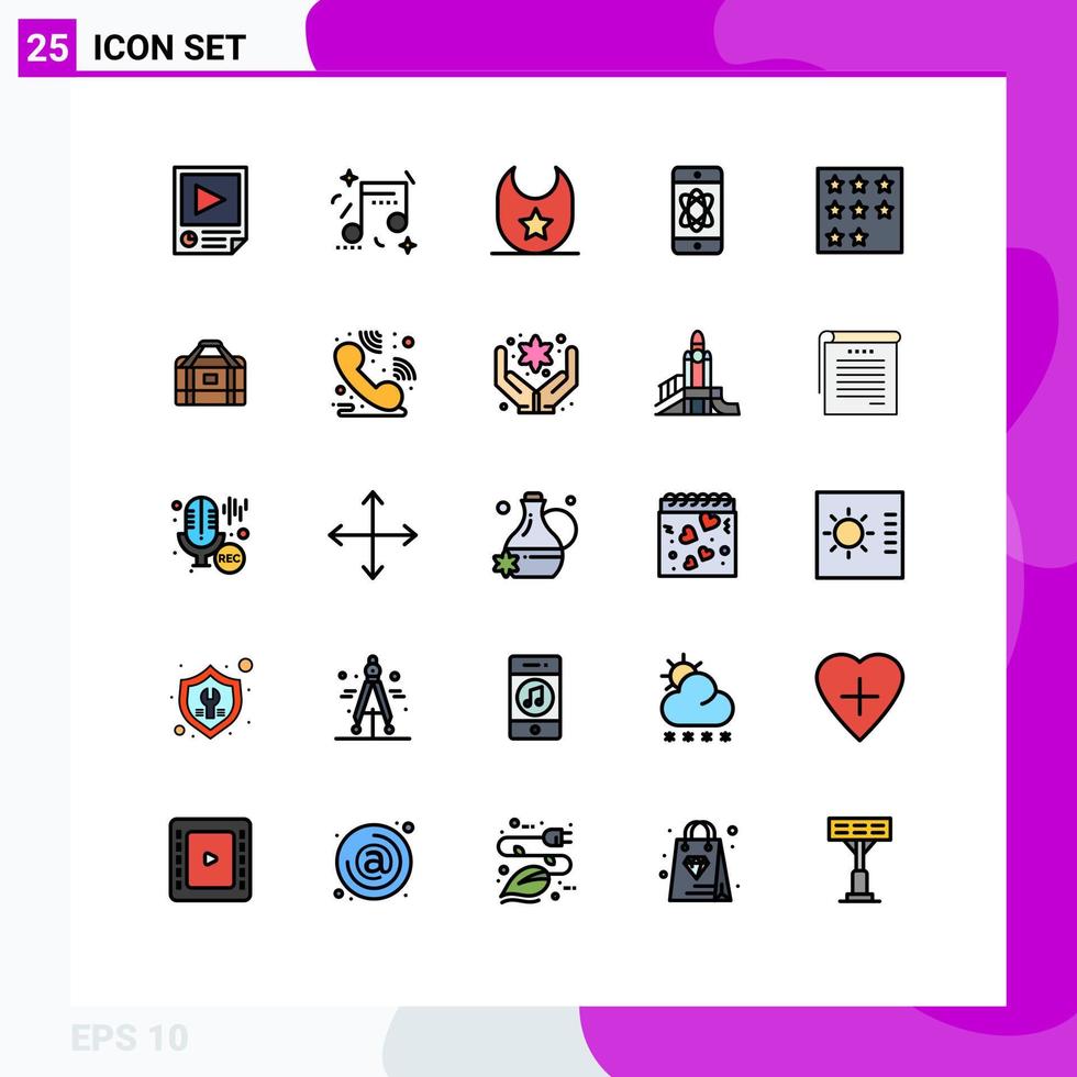 pacote de interface do usuário de 25 cores planas de linha preenchida básica de elementos de design vetorial editáveis de átomo de espaço de festa de tecnologia de negócios vetor