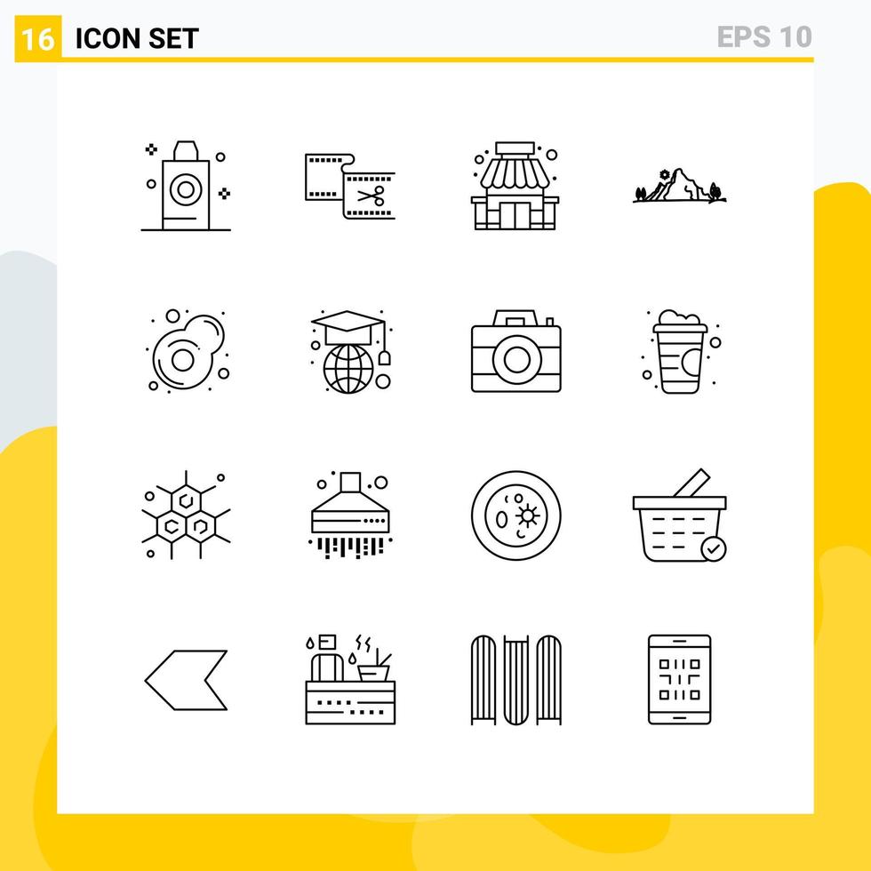 pacote de 16 sinais e símbolos de contornos modernos para mídia impressa na web, como elementos de design de vetor editável de supermercado de paisagem de filme de colina de árvore