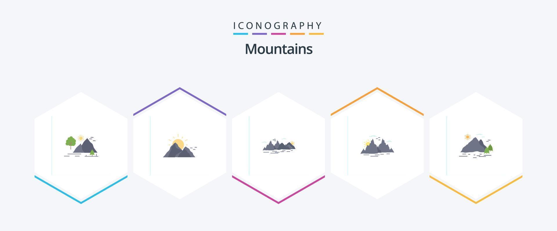 Pacote de ícones planos de 25 montanhas, incluindo paisagem. natureza. natureza. sol. paisagem vetor