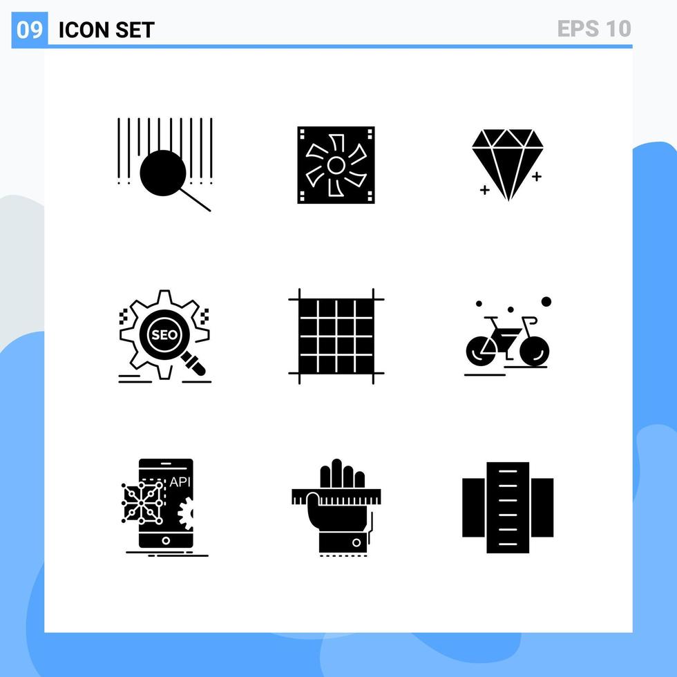 pacote de 9 glifos sólidos criativos de elementos de design de vetores editáveis de pesquisa de alvo de diamante de site de grade