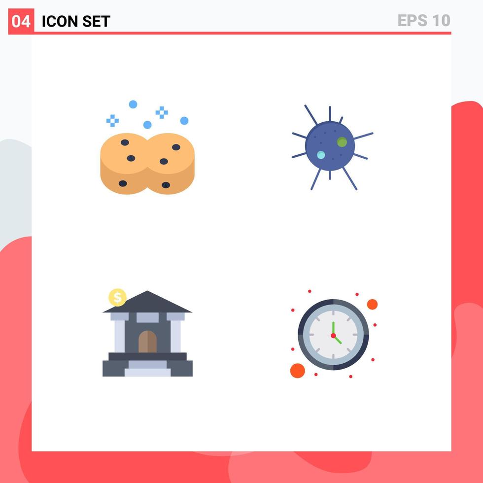 conjunto de ícones planos de interface móvel de 4 pictogramas de edifício limpo, limpando elementos de design de vetores editáveis de relógio de vírus