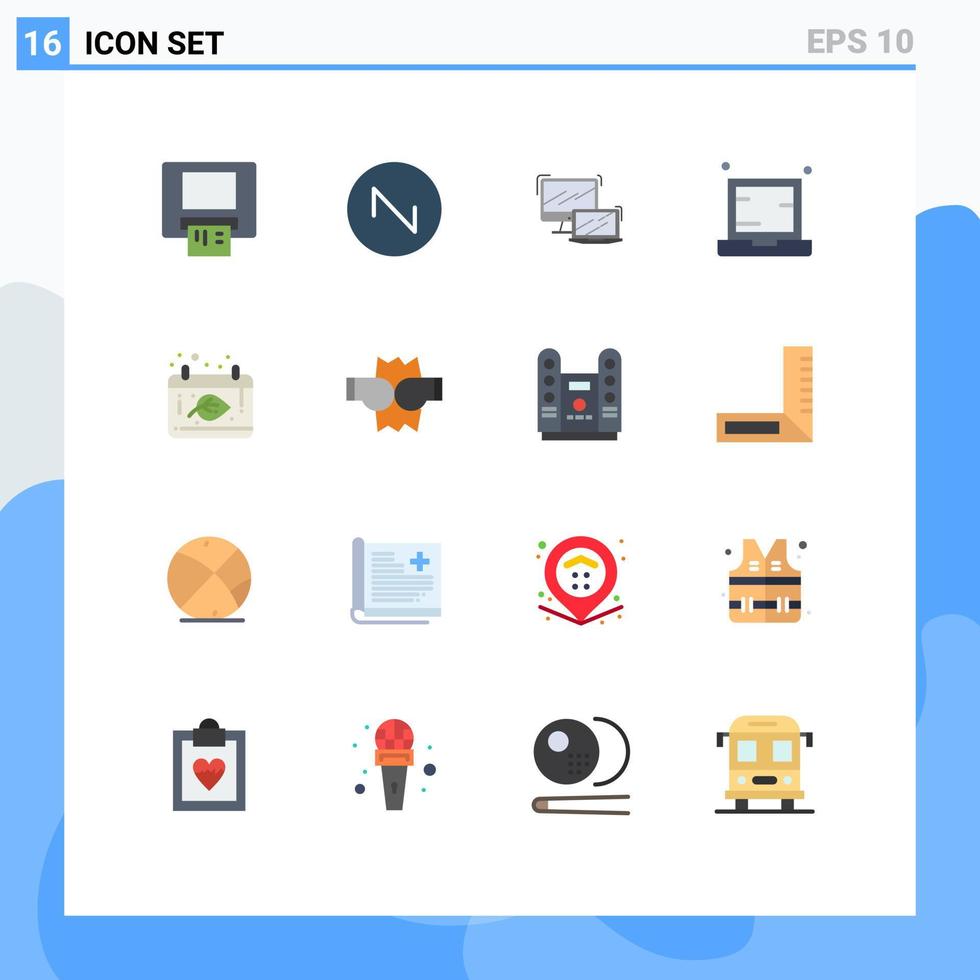 conjunto de cores planas de interface móvel de 16 pictogramas de calendário, notebook, laptop, dispositivo portátil, pacote editável de elementos de design de vetores criativos