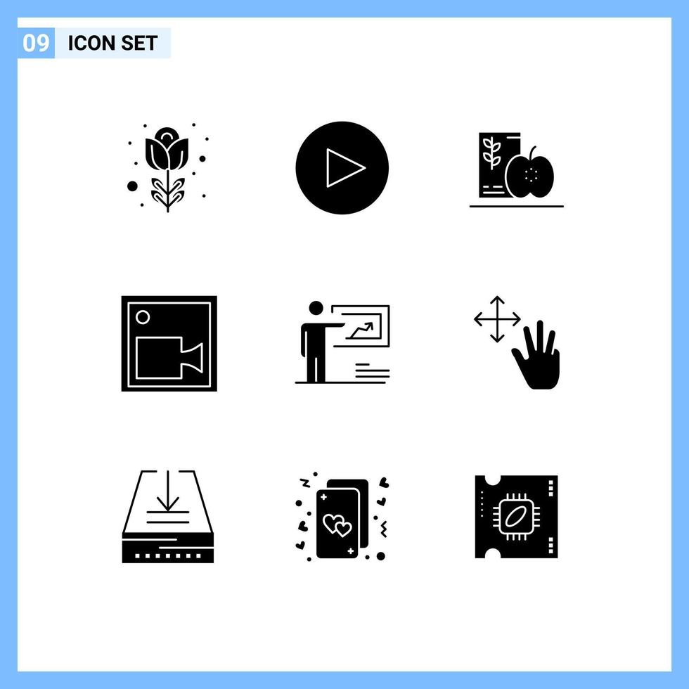 conjunto de 9 sinais de símbolos de ícones de interface do usuário modernos para apresentação de estratégia, câmera de vídeo de comida, elementos de design de vetores editáveis