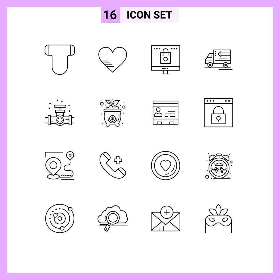 grupo de símbolos de ícone universal de 16 contornos modernos de entrega de sacolas de mercadorias de calibre compras elementos de design de vetores editáveis