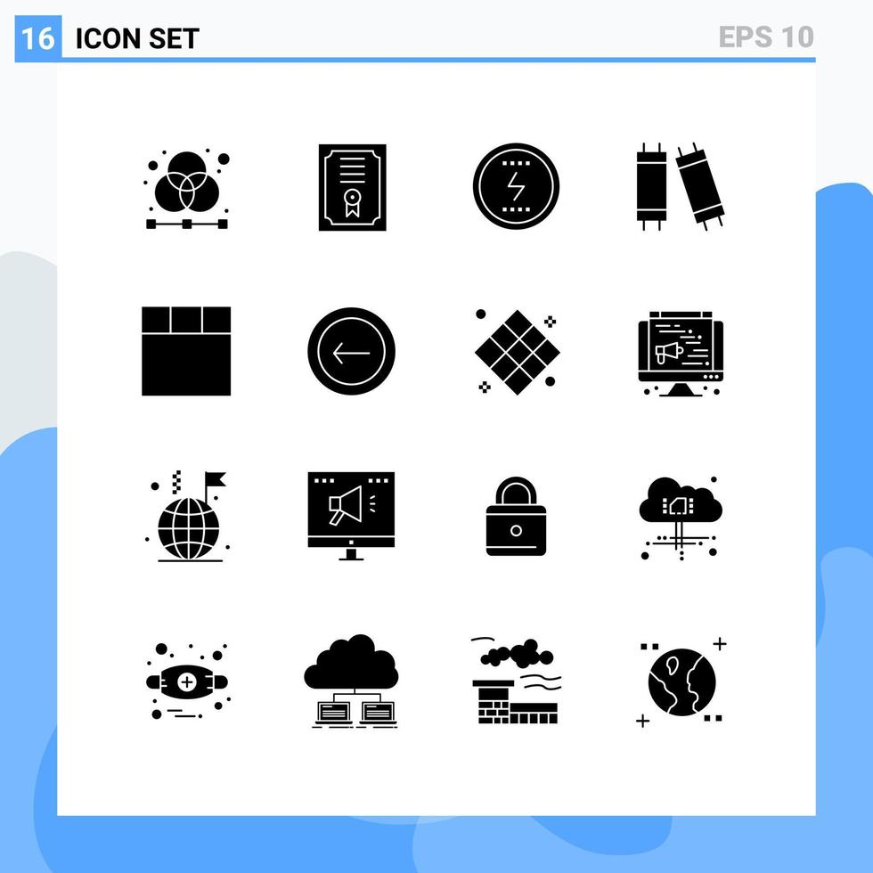 conjunto moderno de pictograma de 16 glifos sólidos de layout luz energia lâmpada social elementos de design de vetores editáveis
