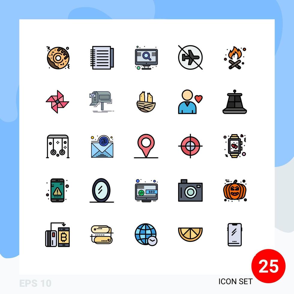 pacote de interface do usuário de 25 cores planas de linha preenchida básica de otimização de sinal de fogo fora de elementos de design de vetores editáveis desativados
