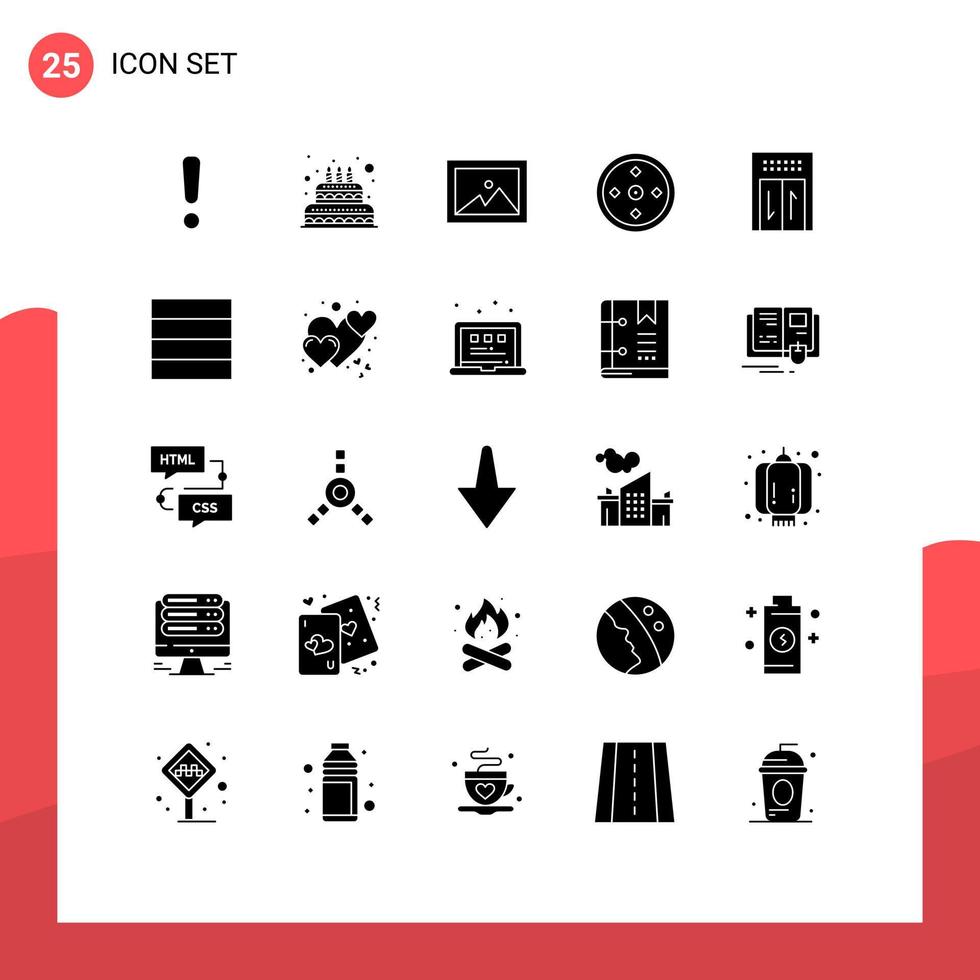 pacote de interface de usuário de 25 glifos sólidos básicos de elementos de design de vetores editáveis de álbum de elevador de viagem
