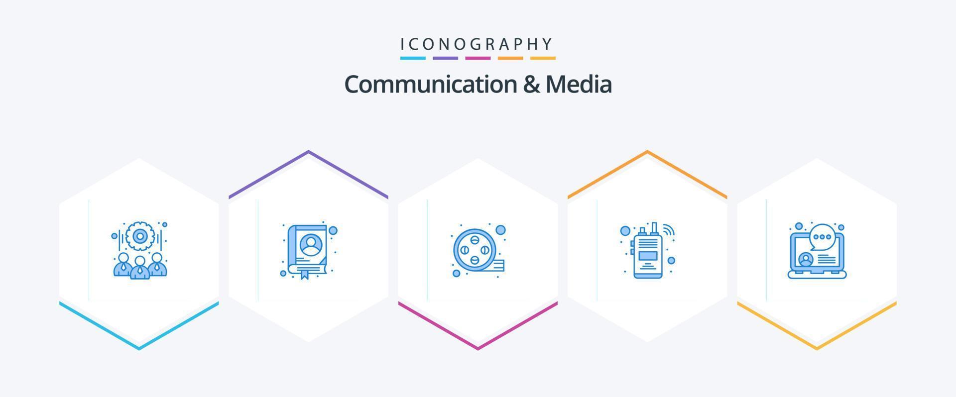 comunicação e mídia 25 pacote de ícones azul, incluindo mídia. bate-papo online. filme. walkie-talkie. telefone sem fio vetor