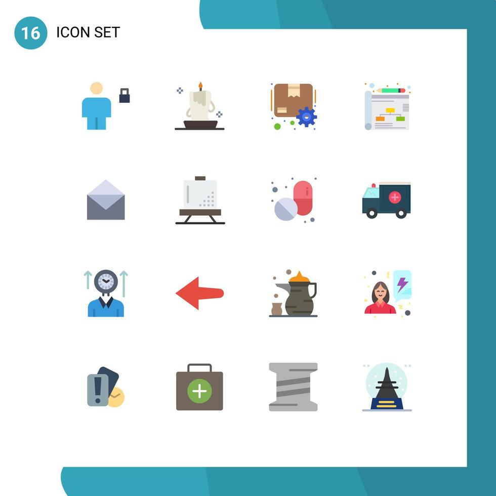 pacote de cores planas de 16 símbolos universais de pacote de negócios de iluminação de planejamento de e-mail pacote editável de elementos de design de vetores criativos