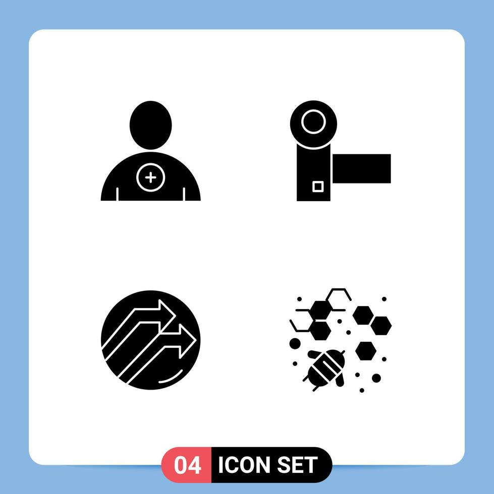 conjunto de pictogramas de 4 glifos sólidos simples de gadgets de filmadora de negócios a seguir relatam elementos de design de vetores editáveis