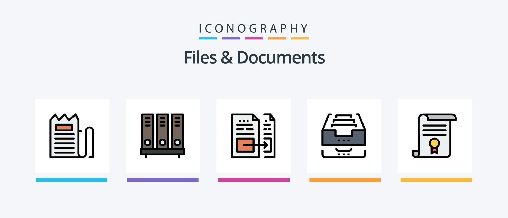 a linha de arquivos e documentos preencheu o pacote de 5 ícones, incluindo conhecimento. documento. cadeado. escritório. arquivo. design de ícones criativos vetor