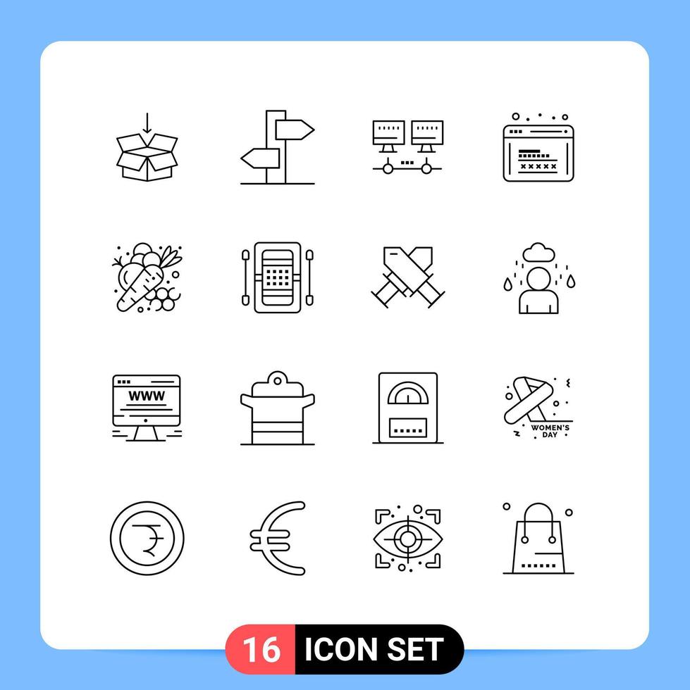 grupo de 16 descreve sinais e símbolos para elementos de design de vetores editáveis de desenvolvimento de computador de segurança da web de cenoura