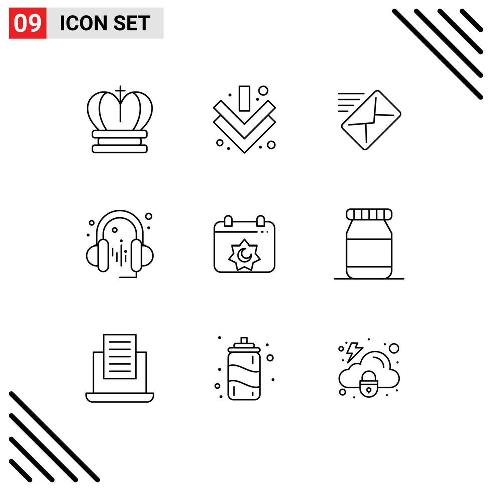 conjunto de 9 sinais de símbolos de ícones de interface do usuário modernos para música de calendário de correio de festa muçulmana elementos de design de vetores editáveis