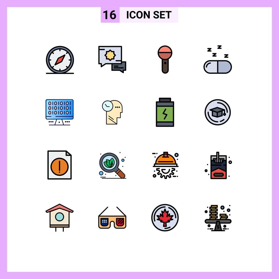 conjunto de pictogramas de 16 linhas cheias de cores planas simples de pílulas de computador mídia som médico elementos de design de vetores criativos editáveis