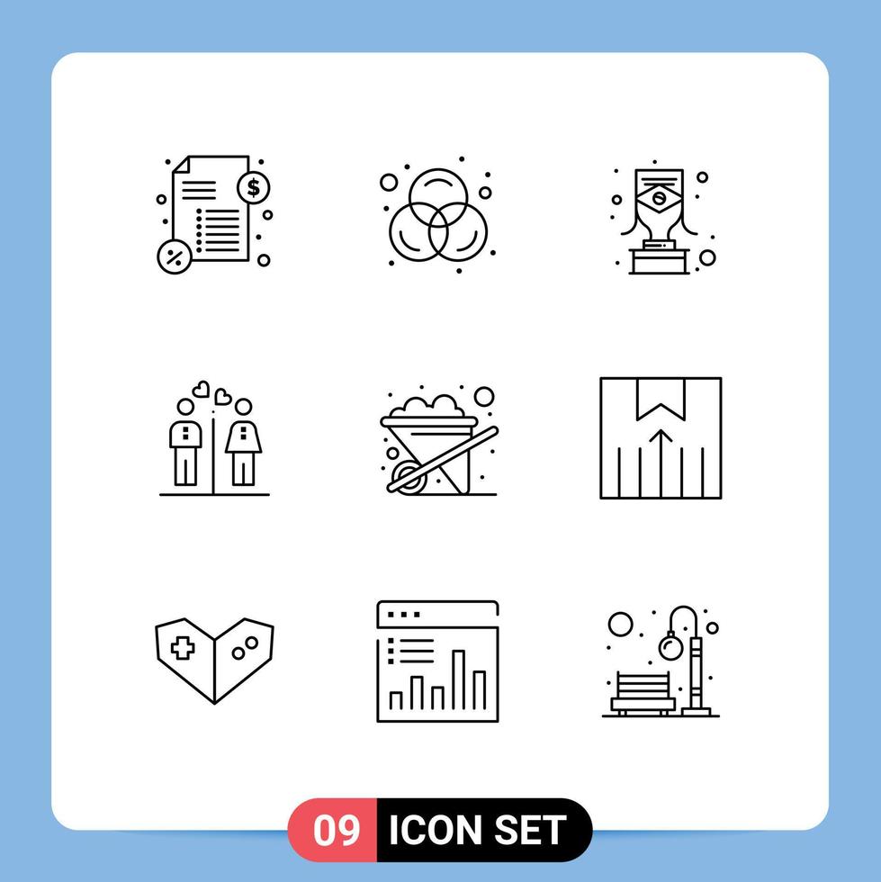 pacote de 9 sinais e símbolos de contornos modernos para mídia impressa na web, como troféu de construção de carrinho de mão, casal de meninas, elementos de design vetorial editáveis vetor