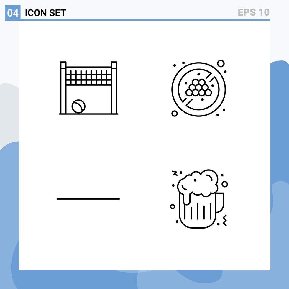 conjunto de 4 sinais de símbolos de ícones de interface do usuário modernos para jogos de vôlei de cerveja comida orgânica elementos de design de vetores editáveis