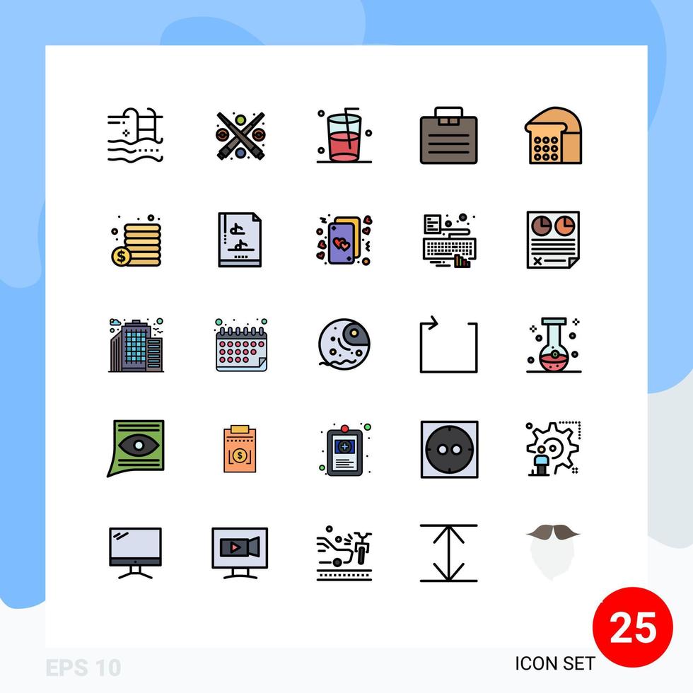 pacote de ícones vetoriais de estoque de 25 sinais e símbolos de linha para mala de comida, carteira de jogo, maleta, elementos de design de vetores editáveis