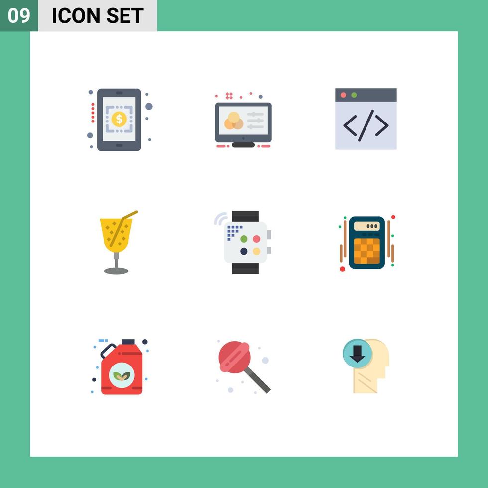 conjunto de cores planas de interface móvel de 9 pictogramas de elementos de design de vetores editáveis de bebidas inteligentes de relógio de mão