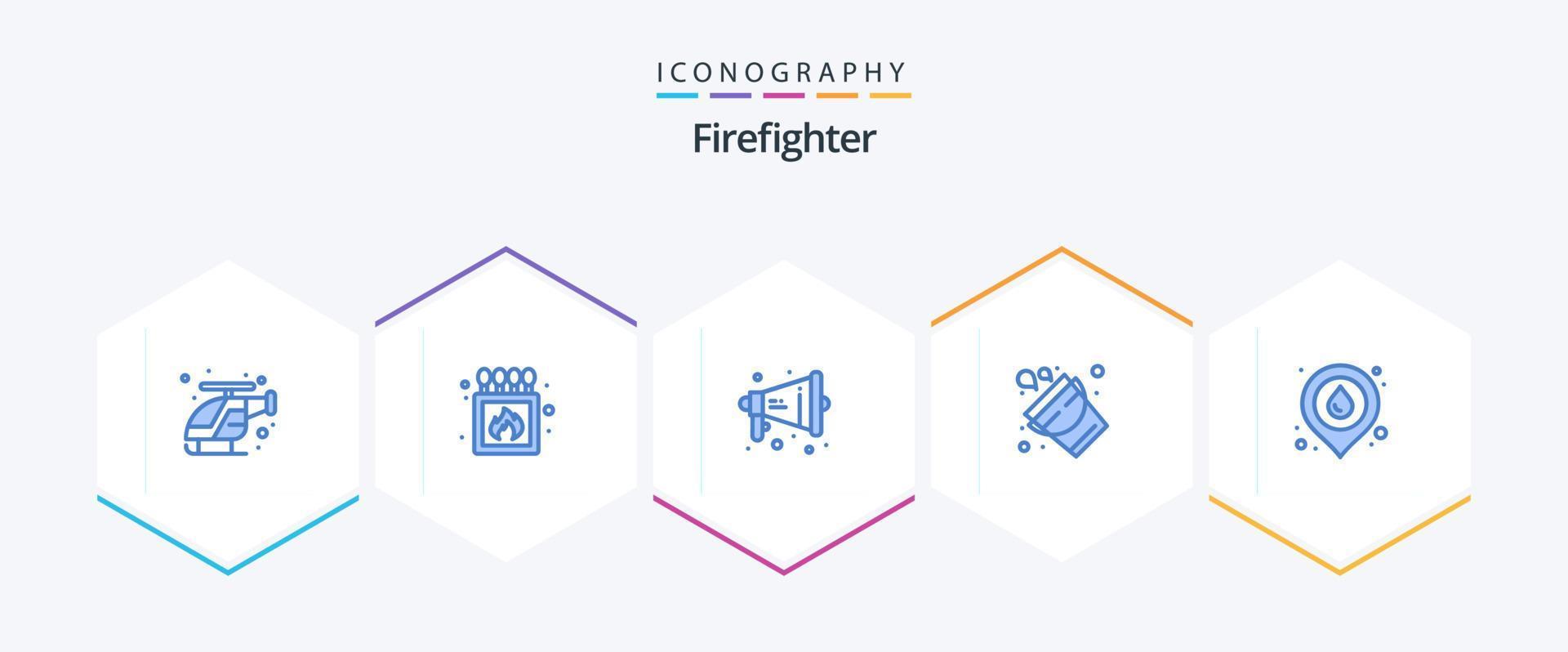 bombeiro 25 pacote de ícones azul incluindo lugar de água. ferramenta. alto. bombeiro. balde vetor
