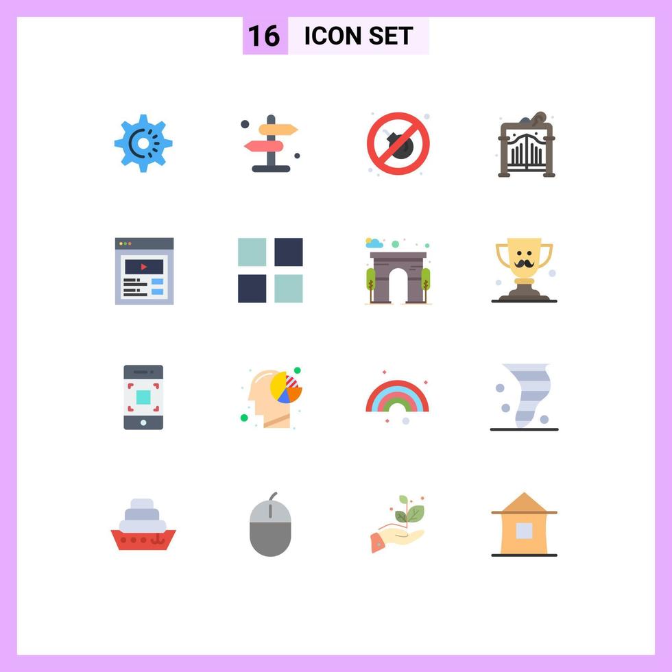 conjunto de cores planas de interface móvel de 16 pictogramas de fogo de vídeo da web parque de conteúdo personalizado pacote editável de elementos de design de vetores criativos