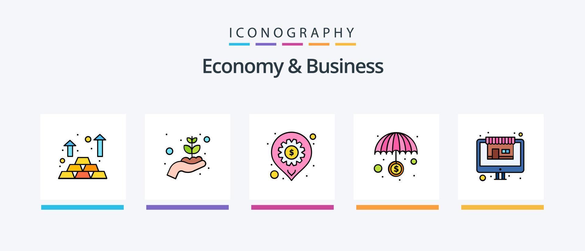 a economia e a linha de negócios preencheram o pacote de 5 ícones, incluindo finanças. segurança. negócios. segurança. computador. design de ícones criativos vetor